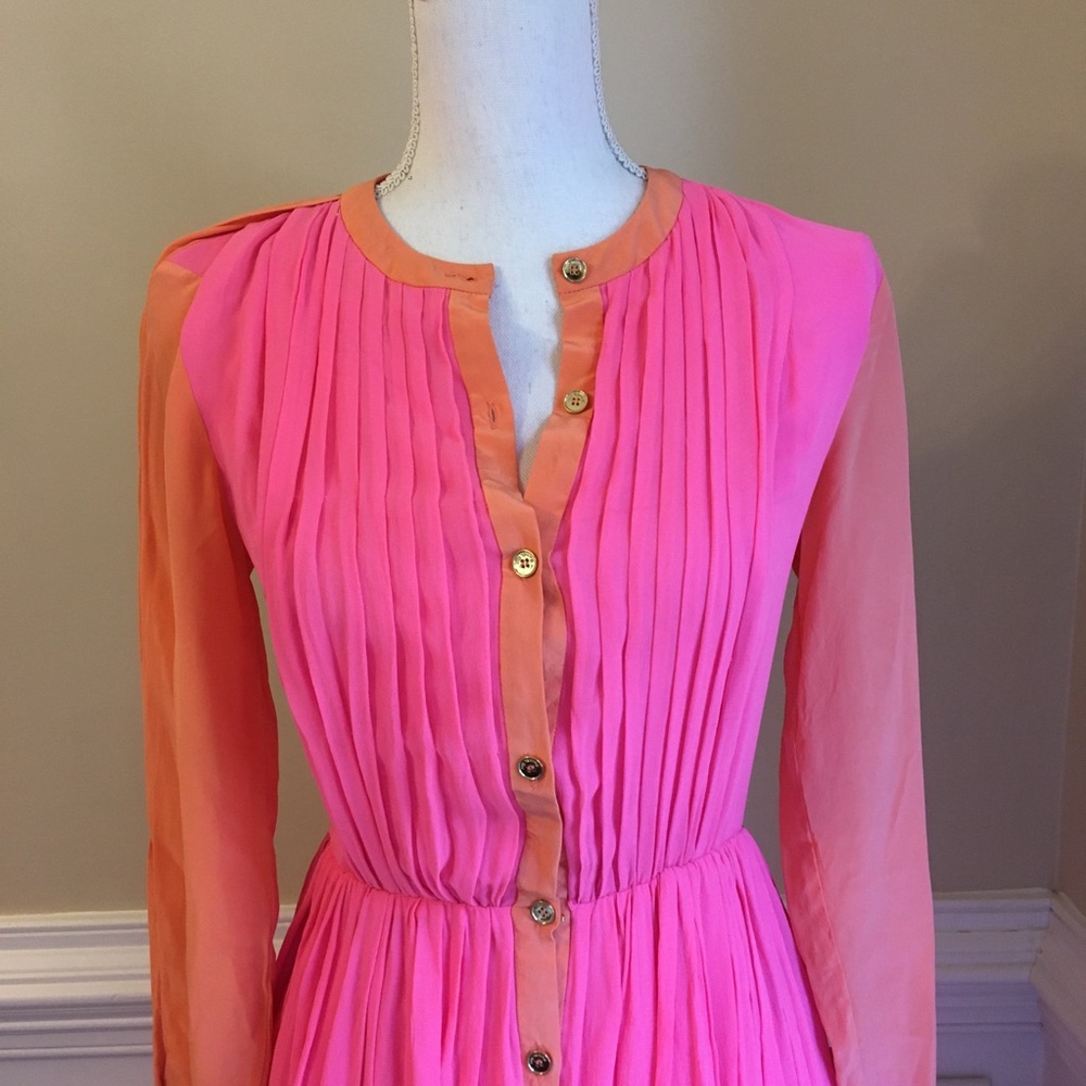 RACHEL ROY Bright Pink Orange Long Sleeve Silk Midi Dress - Picture 9 of 13